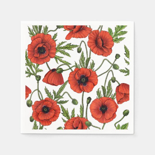 Papaver, rood en groen op wit servet (Voorkant)