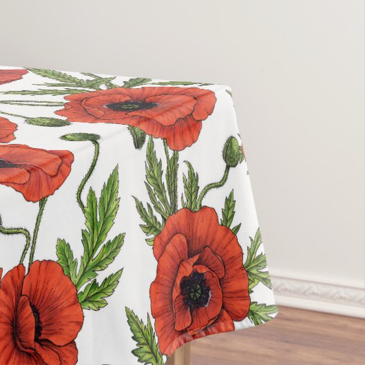 Papaver, rood en groen op wit tafelkleed (Voorbeeld)