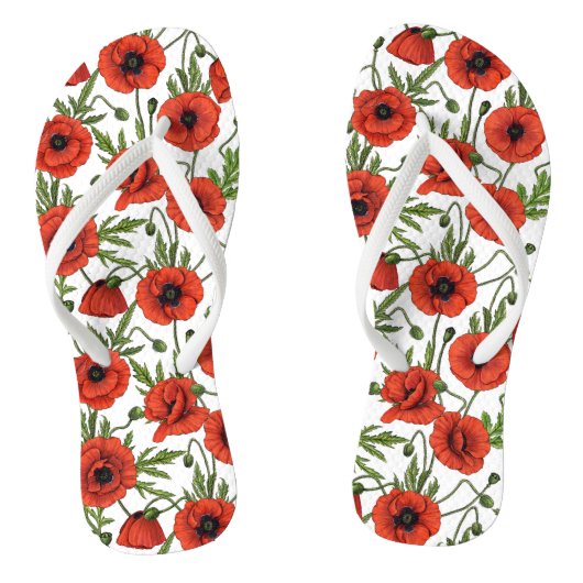 Papaver, rood en groen op wit teenslippers (Voetbed)