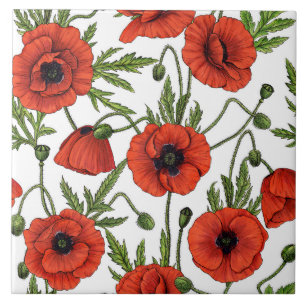 Papaver, rood en groen op wit tegeltje