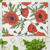 Papaver, rood en groen op wit theedoek (Gevouwen)