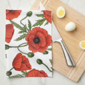 Papaver, rood en groen op wit theedoek (Quarter Fold)