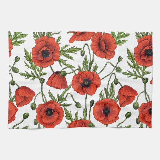 Papaver, rood en groen op wit theedoek (Horizontaal)