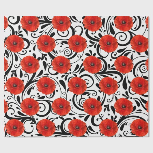 Papaver rood zwart wit glam stripes cadeaupapier (Vlak)