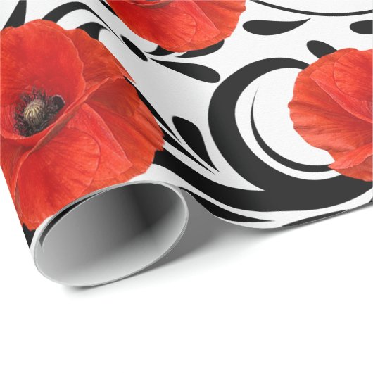 Papaver rood zwart wit glam stripes cadeaupapier (Rol Hoek)