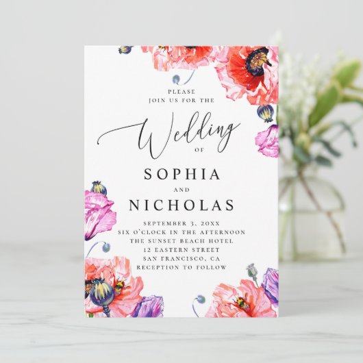 Papaver. Waterverf rode bloemenbruiloft + QR-code Kaart (Staand voorkant)