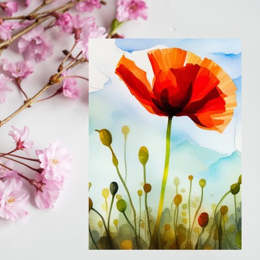 papaver, wei, waterverf, bloem briefkaart