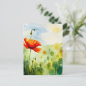 Papaverbloem, weide, waterverf kunst briefkaart (Staand voorkant)