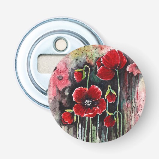 papaverbloemen in Waterverf Button Flesopener (Voorkant)