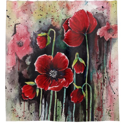 papaverbloemen in Waterverf Douchegordijn (Voorkant)