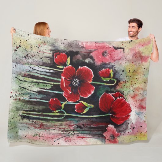 papaverbloemen in Waterverf Fleece Deken (In situ)