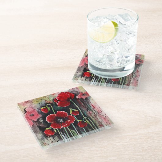 papaverbloemen in Waterverf Glazen Onderzetter (Schuin)