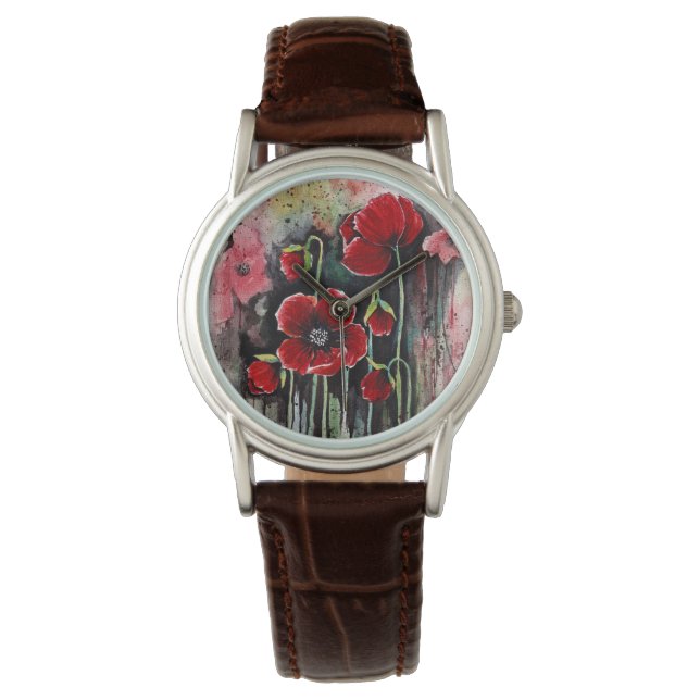papaverbloemen in Waterverf Horloge (Voorkant)