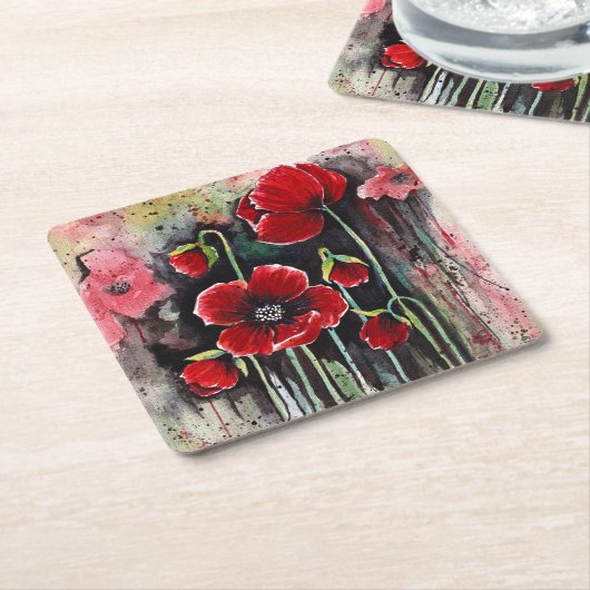 papaverbloemen in Waterverf Kartonnen Onderzetters (Schuin)