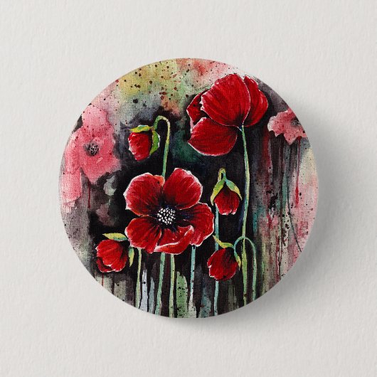 papaverbloemen in Waterverf Ronde Button 5,7 Cm (Voorkant)