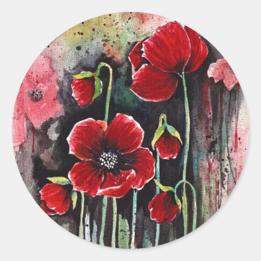 papaverbloemen in Waterverf Ronde Sticker (Voorkant)