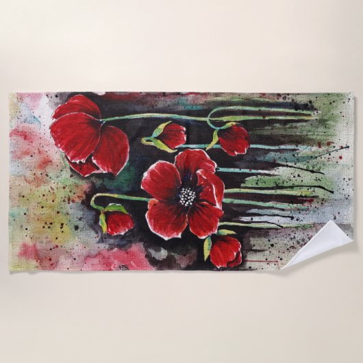 papaverbloemen in Waterverf Strandlaken (Voorkant)