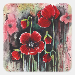 papaverbloemen in Waterverf Vierkante Sticker