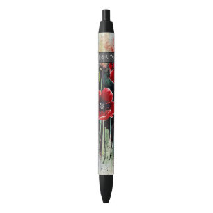papaverbloemen in Waterverf Zwarte Inkt Pen