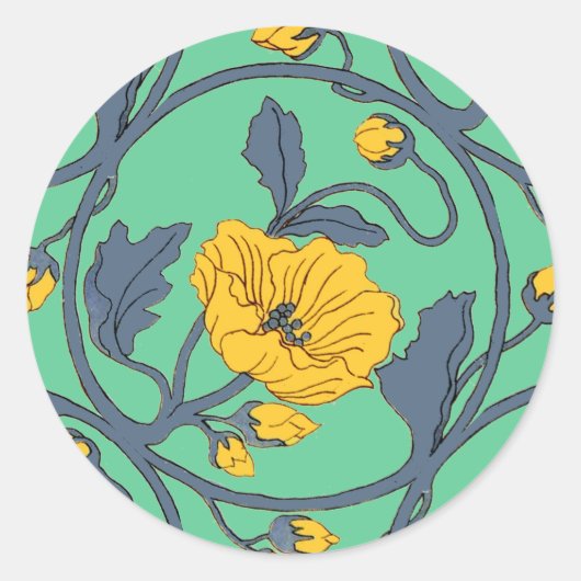 Papavers Bloem Tegel Design Art Nouveau Ronde Sticker (Voorkant)