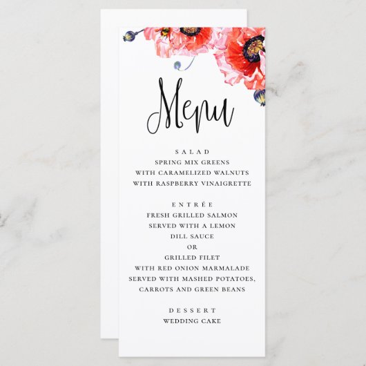 Papavers bloemen. Waterverf rode bloemenbruiloft Menu (Voorkant / Achterkant)