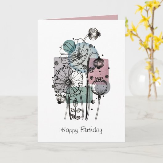 Papavers doedelen in inkt en Waterverf Kaart (Gele Bloem)