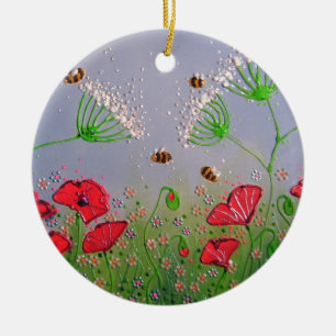 Papavers en bijen keramisch ornament