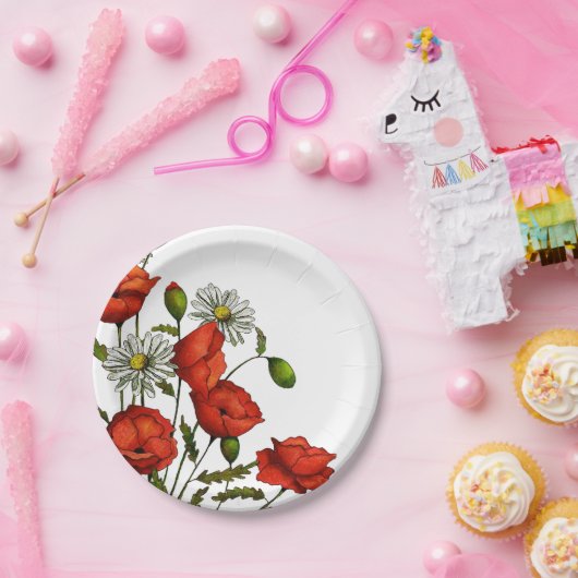 Papavers en madeliefjes: Floral Art, Flowers Papieren Bordje (Feest)