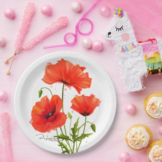 Papavers en spetters van schilderwerk op waterverf papieren bordje (Feest)