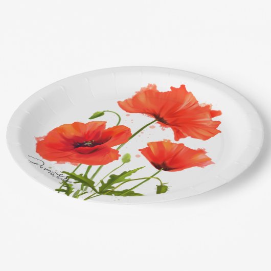 Papavers en spetters van schilderwerk op waterverf papieren bordje (Gekanteld)