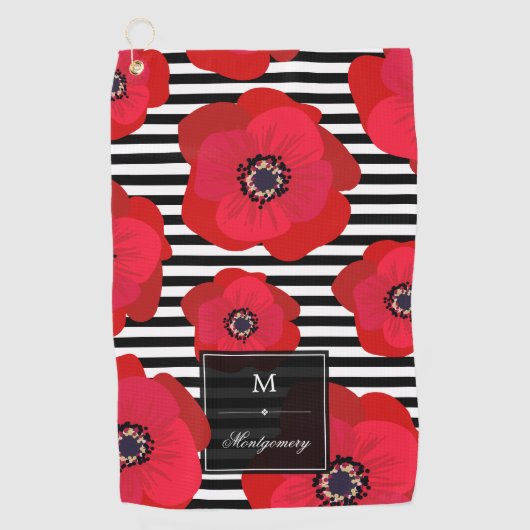 Papavers en Stripes - Monogram Golfhanddoek (Voorkant)