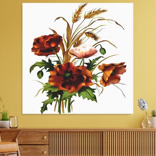 Papavers en tarwebotanische kunst canvas afdruk (Insitu (Woonkamer))