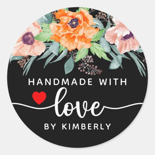 Papavers handgemaakt met Love Black Ronde Sticker (Voorkant)