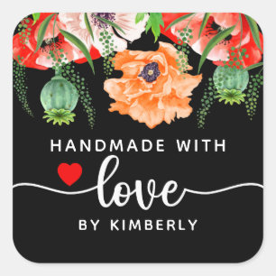 Papavers handgemaakt met Love Black Square Sticker