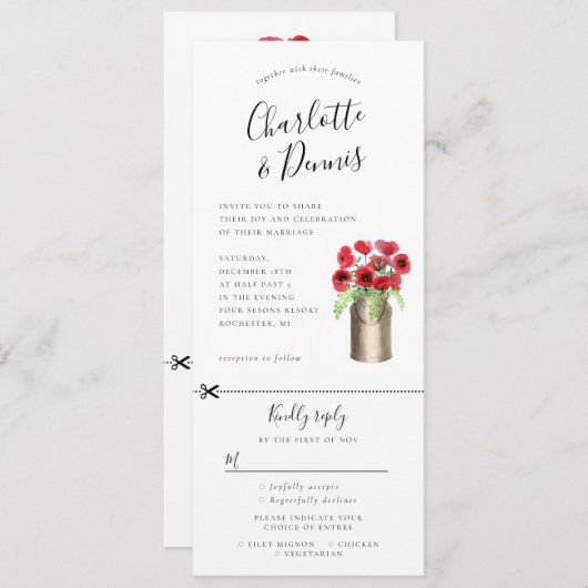 Papavers in een milkbucket-uitnodiging met daaraan kaart (Voorkant / Achterkant)