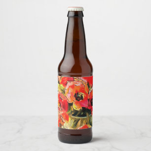 Papavers in een zwarte omlijsting van glas bier etiket