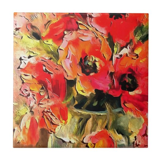 Papavers in een zwarte omlijsting van glas tegeltje (Voorkant)