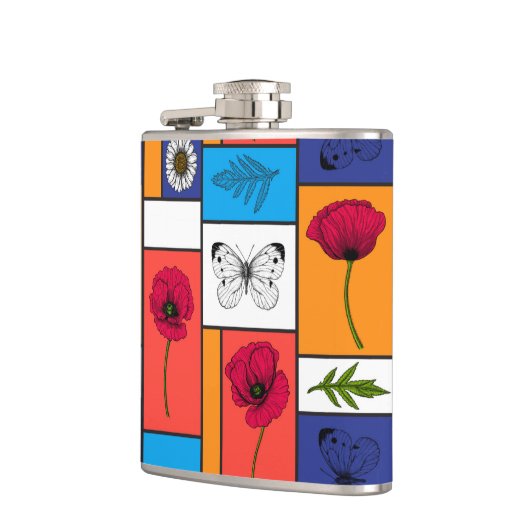 Papavers in kleurrijke dozen heupfles (Links)