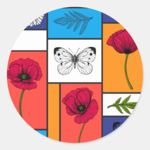 Papavers in kleurrijke dozen ronde sticker