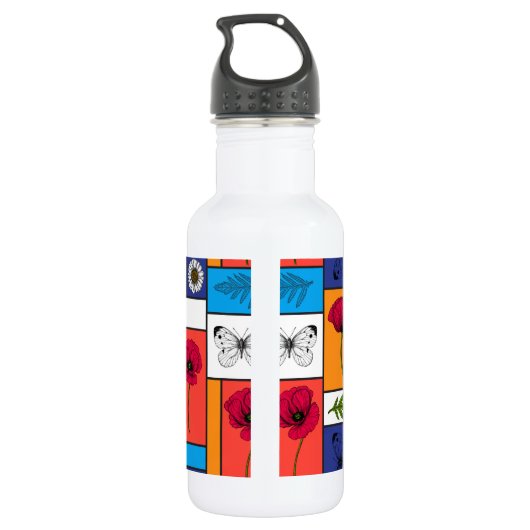 Papavers in kleurrijke dozen waterfles  (Achterkant)