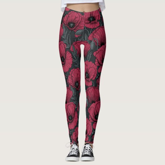 Papavers in Viva Magenta Leggings (Voorkant)