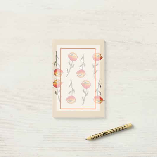 Papavers met bloemen, vloercurte en grappige aange post-it® notes (Op bureau)