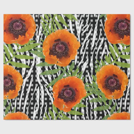 Papavers met zwart-wit patronen cadeaupapier (Vlak)