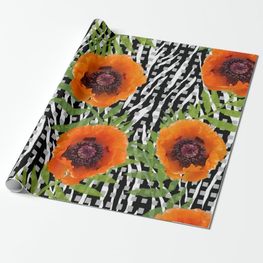 Papavers met zwart-wit patronen cadeaupapier (Uitgerold)