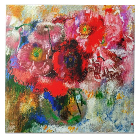Papavers op grijze achtergrond, Floral schilderen Tegeltje (Voorkant)