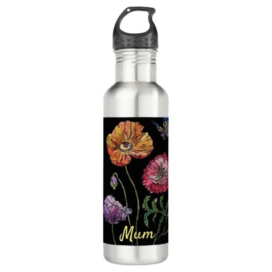  papavers op zwarte Waterverf schilderen 710 M Waterfles (Voorkant)