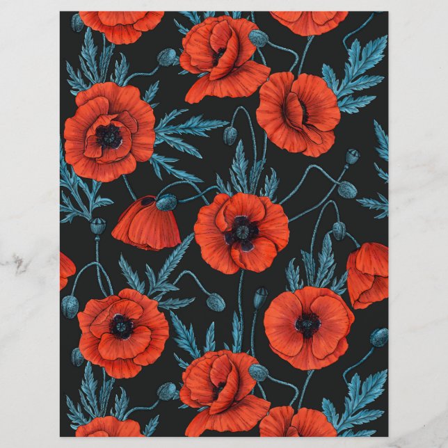 Papavers, rood en blauw op zwart (Voorkant)