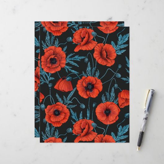 Papavers, rood en blauw op zwart (Voorkant / Achterkant in situ)