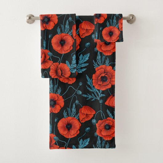 Papavers, rood en blauw op zwart bad handdoek (Insitu)