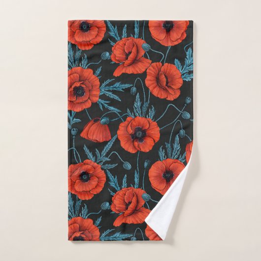 Papavers, rood en blauw op zwart bad handdoek (Handdoek)